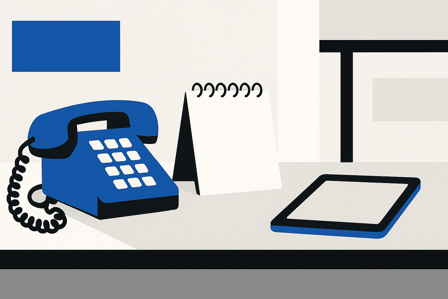A corded desk phone sitting on a shop counter beside a spiral notepad and a propped-up tablet