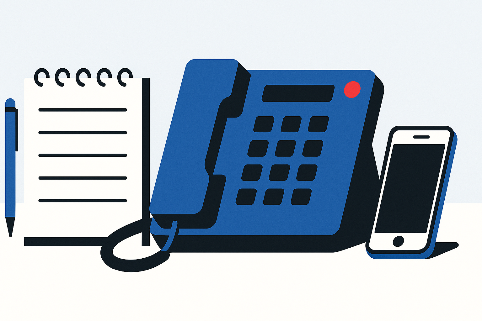A desk phone with its message-waiting light on, sitting next to a blank notepad and a mobile phone