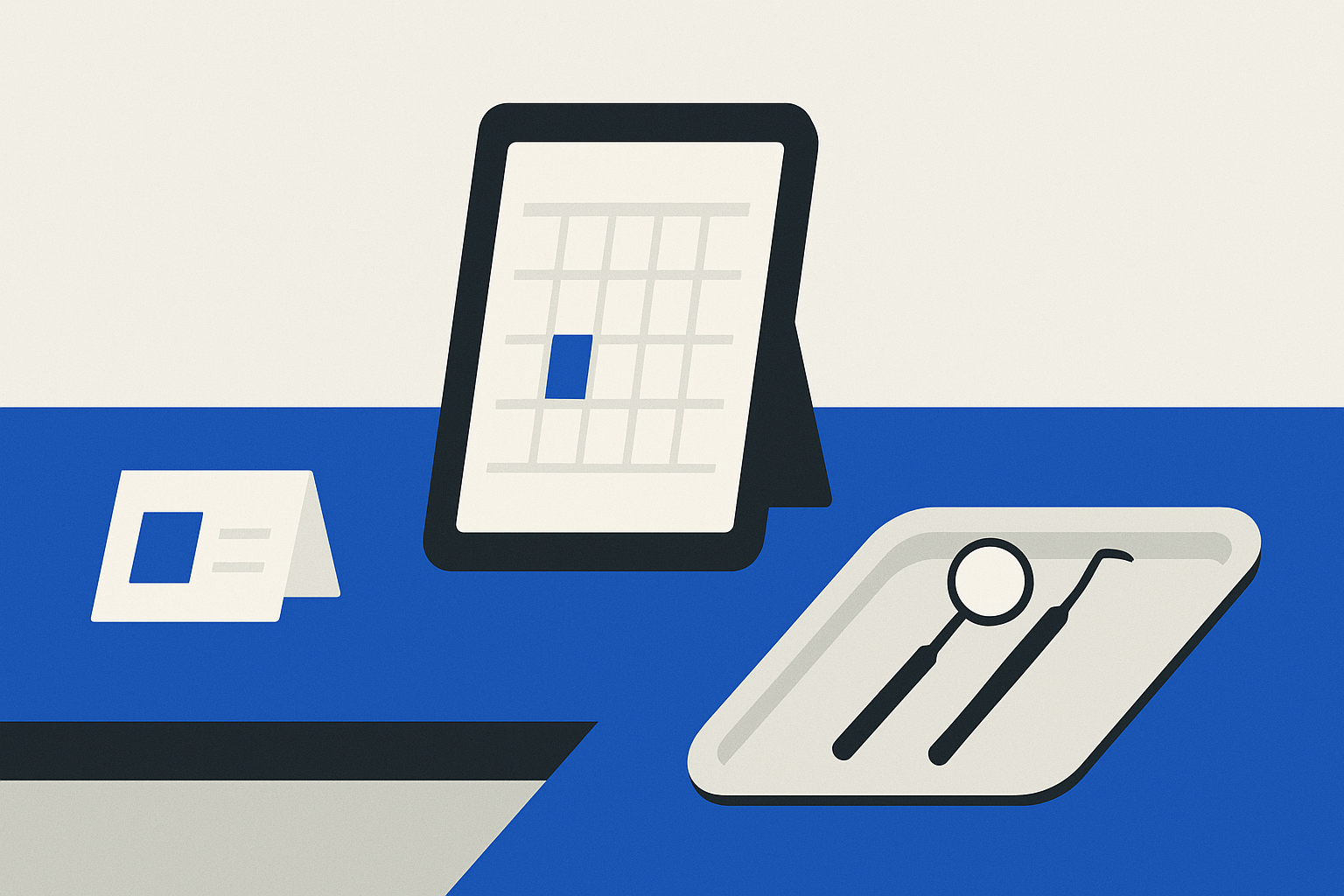 A dental operatory counter holding an appointment card, a tablet displaying a calendar grid, and a tray with a dental mirror and explorer.