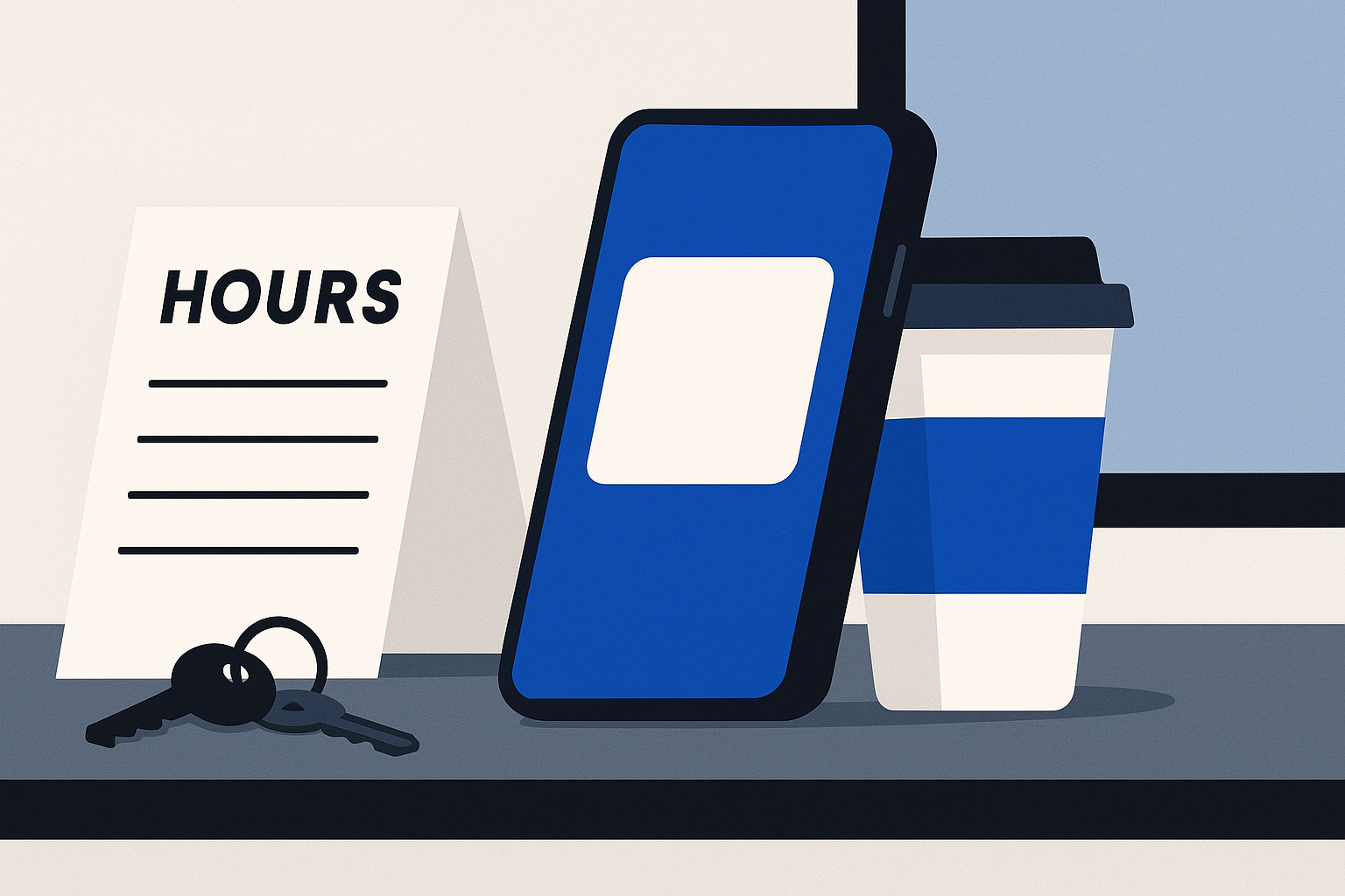 A smartphone leaning against a coffee cup on a café counter, next to a printed hours sign and a ring of keys