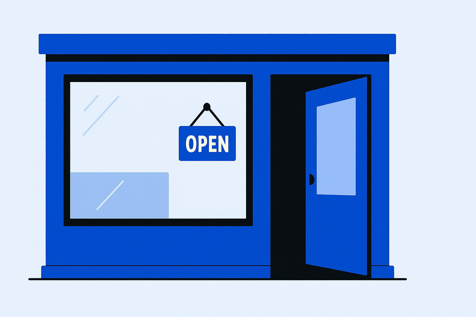 Illustration of a shop window with a small lit sign next to an open door leading into a lit room