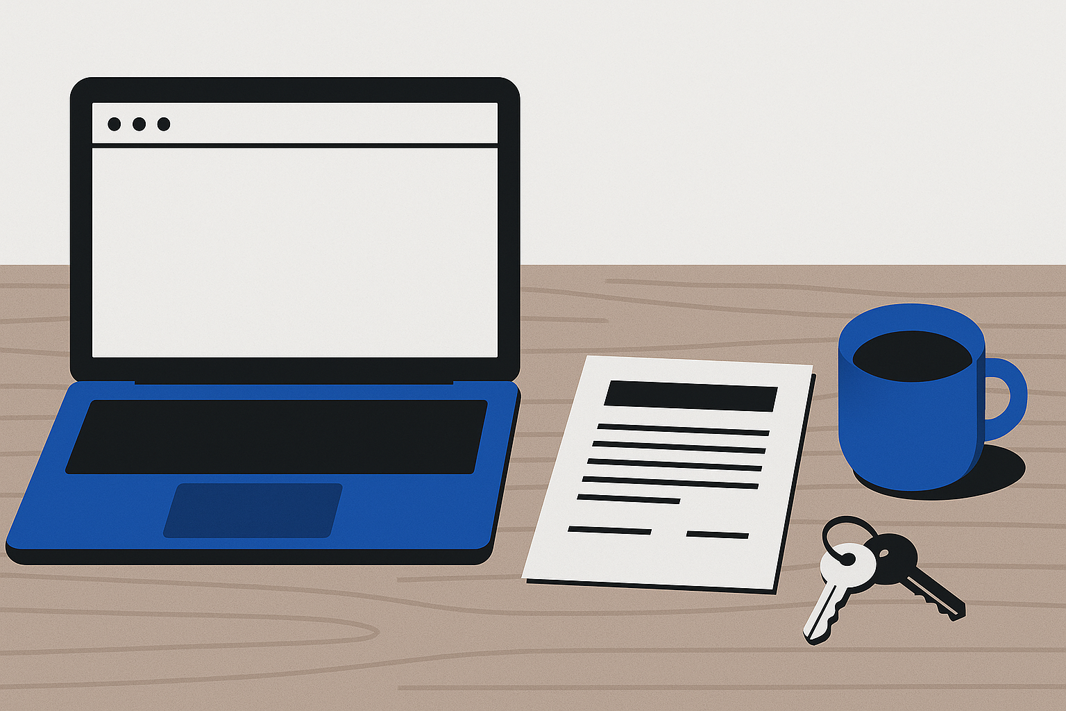 A laptop with an empty browser window on a wooden table next to a printed contract, a set of keys and a coffee cup
