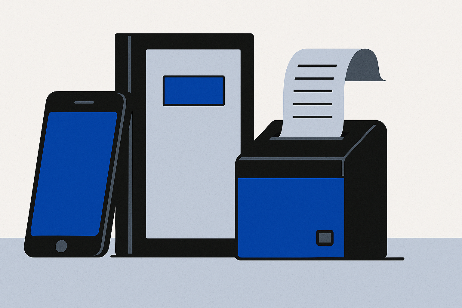 A smartphone leaning on a closed menu binder next to a kitchen ticket printer with a printed order curling out of it