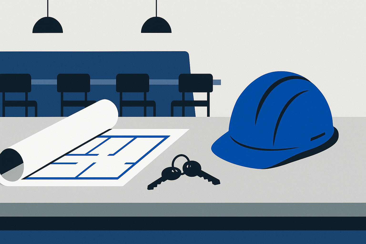 Rolled architectural floor plans, a ring of keys, and a hard hat resting on a bare counter in an unfinished restaurant space