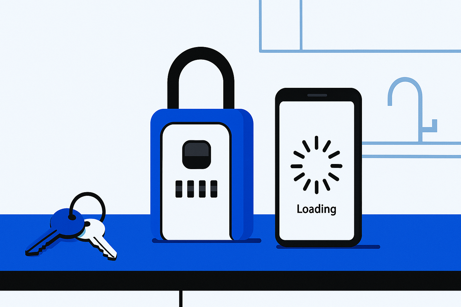 House keys and a realtor lockbox resting on a kitchen counter next to a smartphone with a blank loading screen
