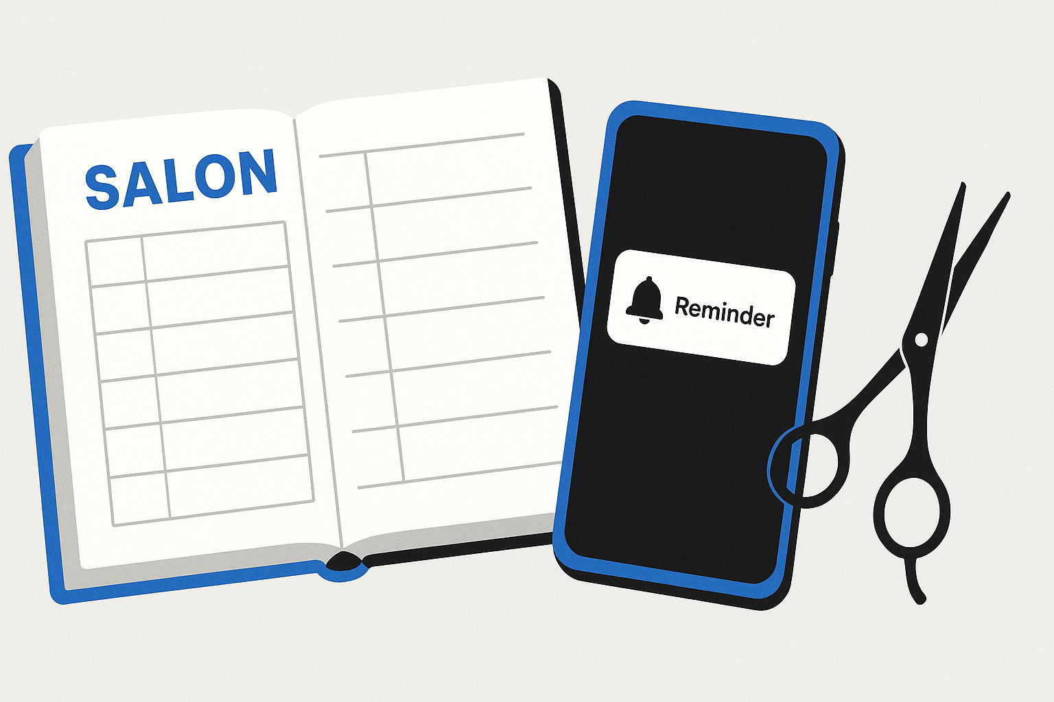 An open appointment book on a counter next to a mobile phone displaying a reminder notification, with scissors resting beside them