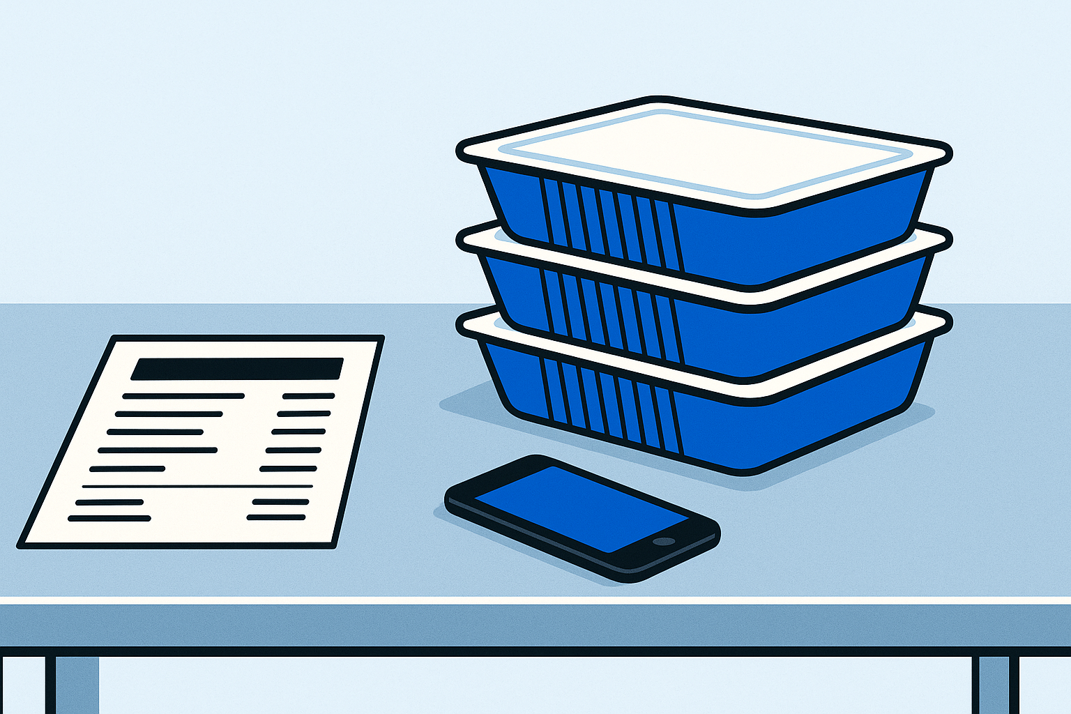 A printed catering price sheet beside three stacked foil catering pans and a phone on a stainless steel kitchen prep counter