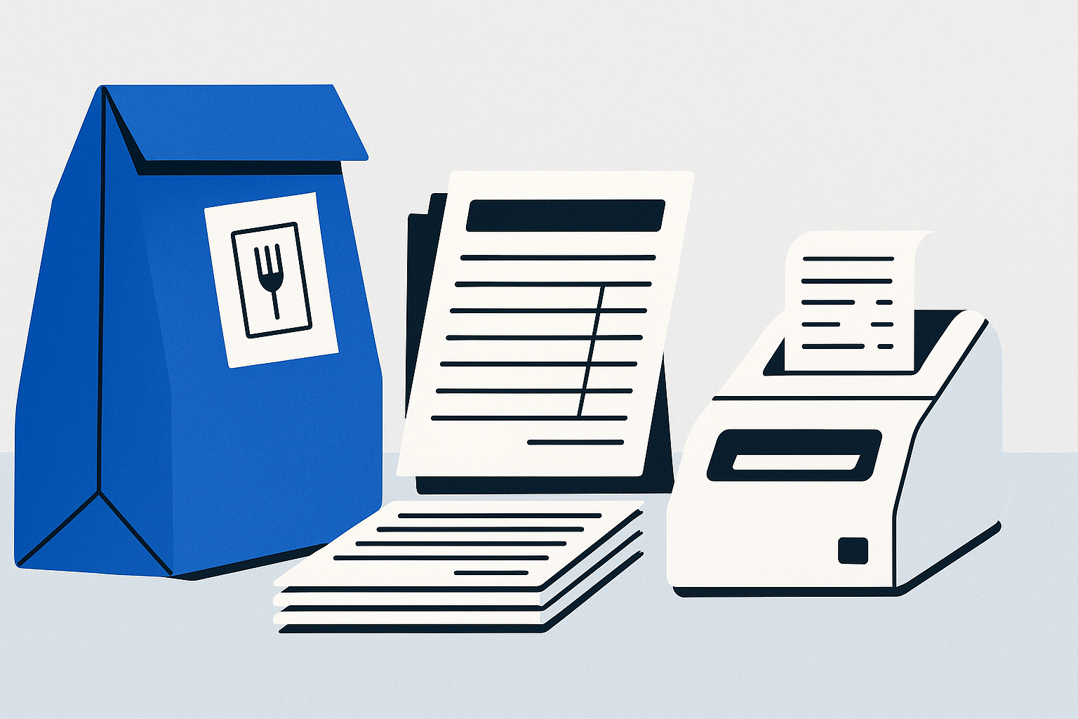 A takeout paper bag with a small card tucked in the fold, sitting next to a stack of printed payout statements and a receipt printer on a counter.