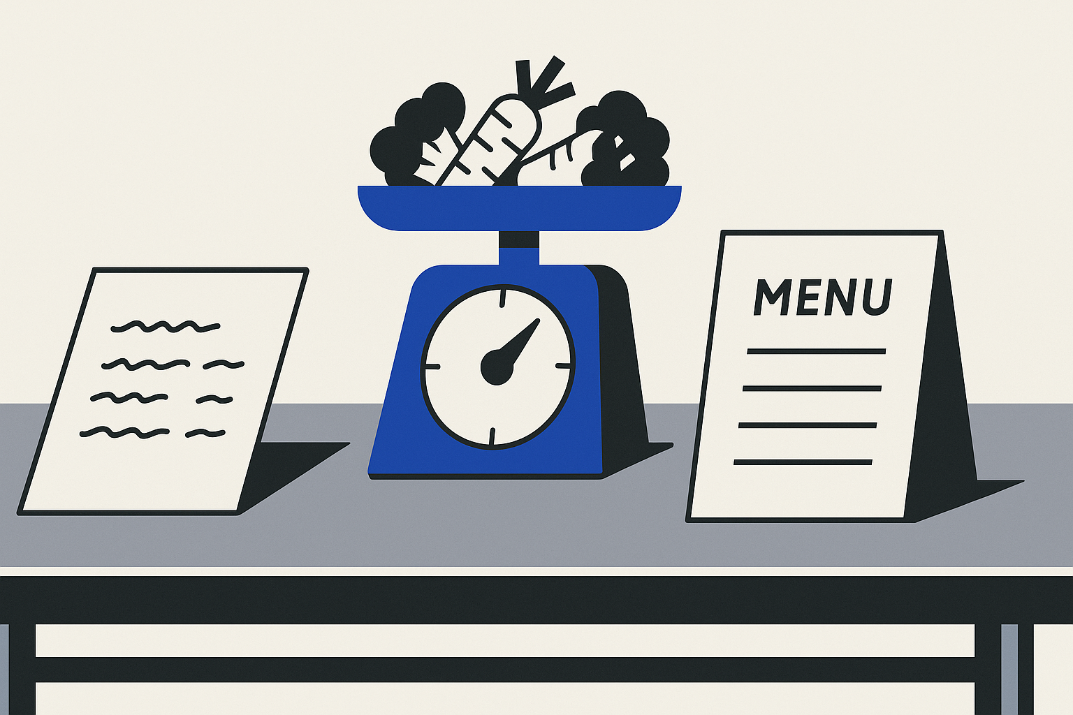 A steel kitchen prep table with a handwritten cost sheet, a scale holding trimmed vegetables, and a printed menu card beside it