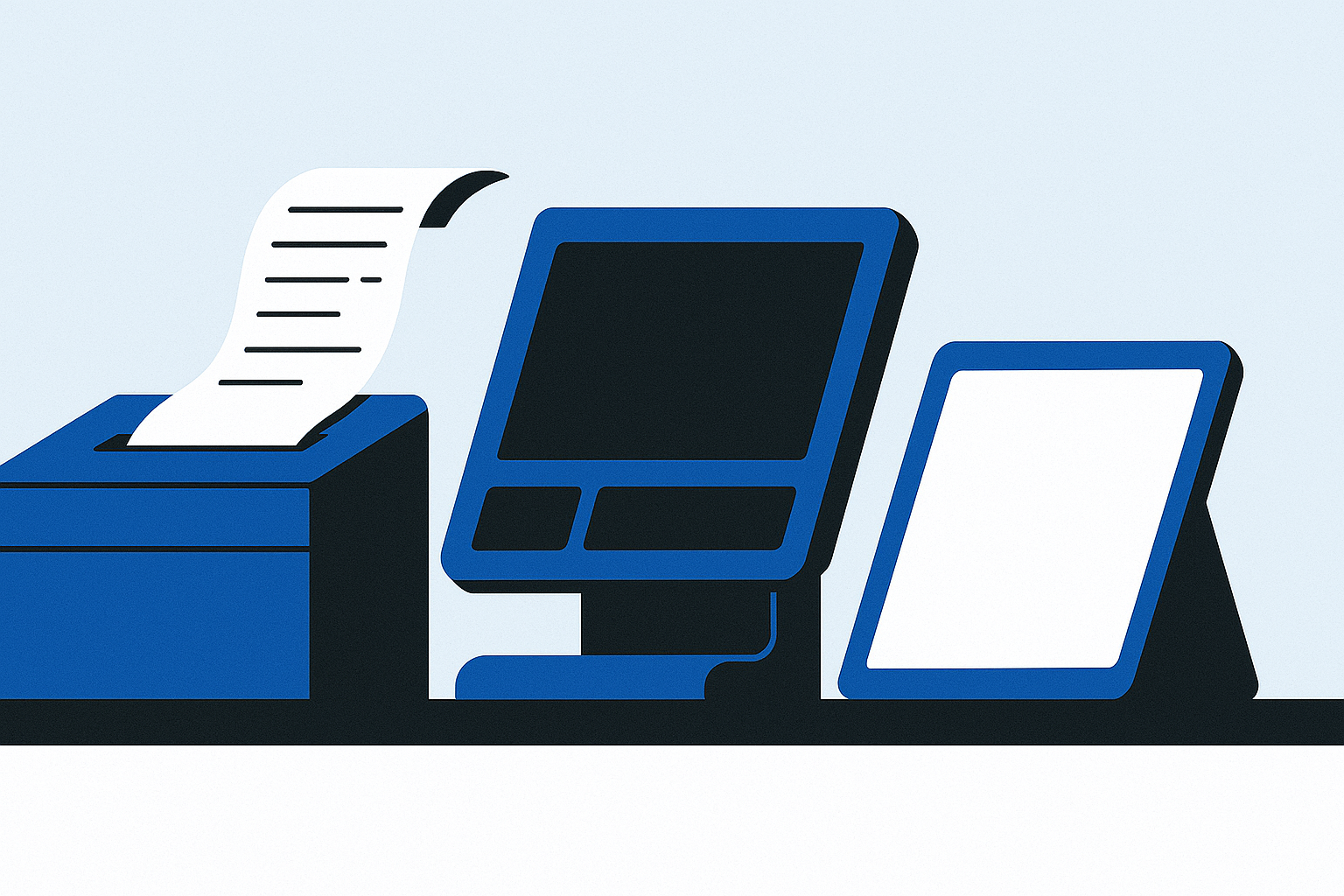 Illustration of a kitchen counter with a receipt printer emitting an order ticket, a POS terminal, and a tablet on a stand