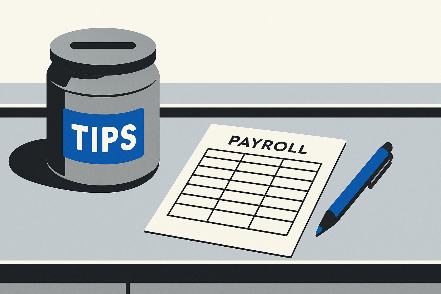 A metal tip jar sitting next to a printed pay breakdown sheet and a pen on a stainless steel restaurant counter
