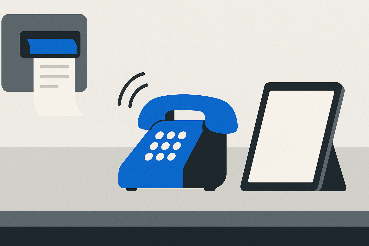 Illustration of a kitchen ticket printer with a printed order curling out, next to a desk phone and a tablet propped on a shelf