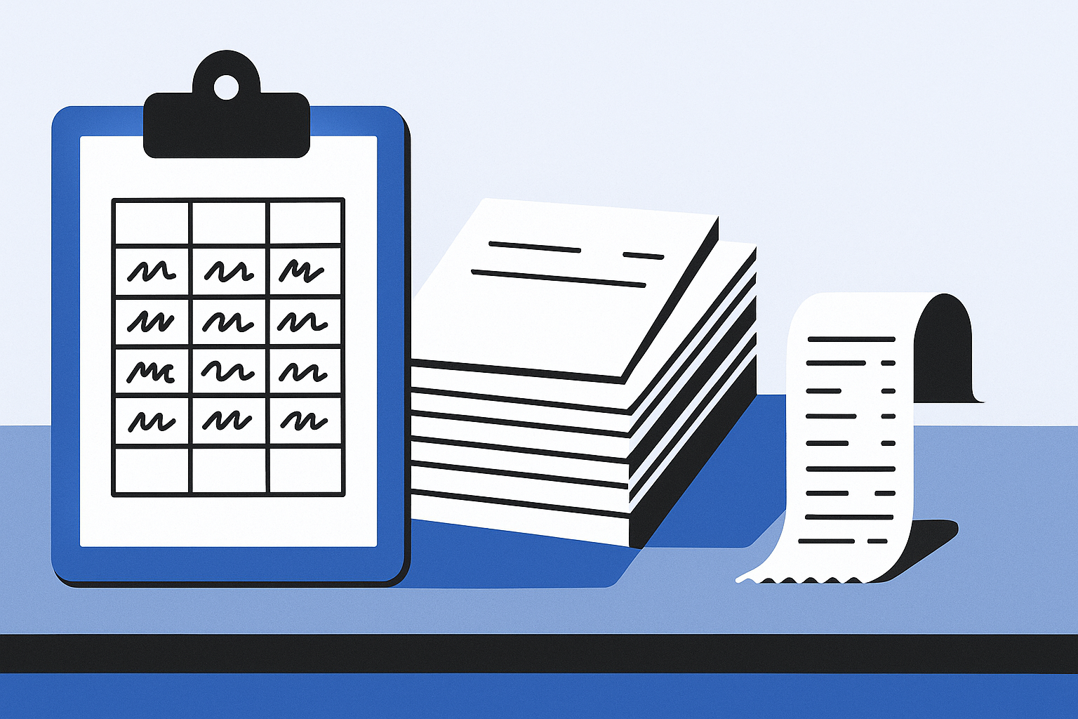A clipboard holding a handwritten grid of weekly figures, sitting beside a stack of supplier invoices and a curled POS receipt roll on a stainless steel prep counter.