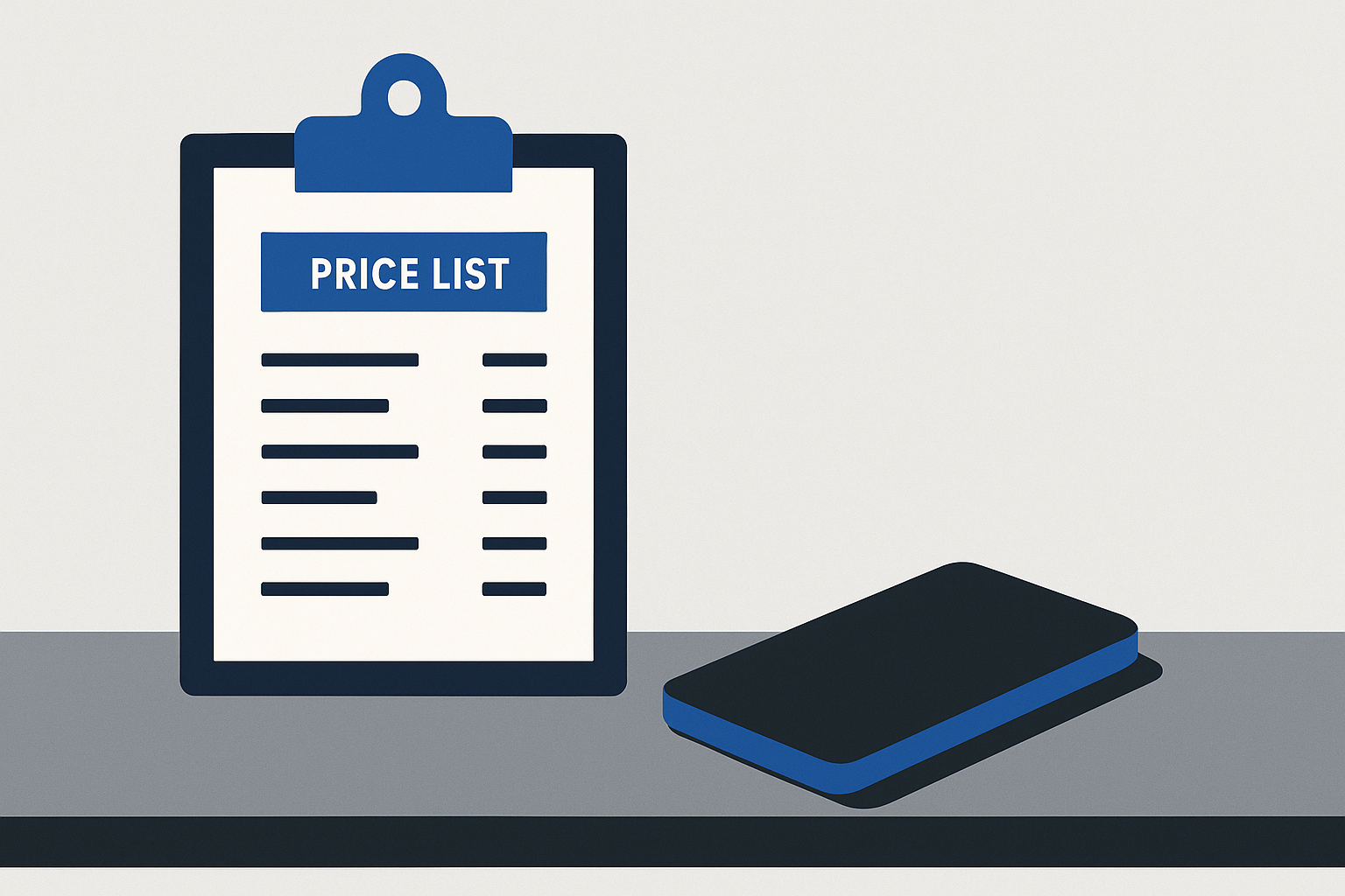A clipboard holding a printed price list resting on a counter beside a phone lying face-down