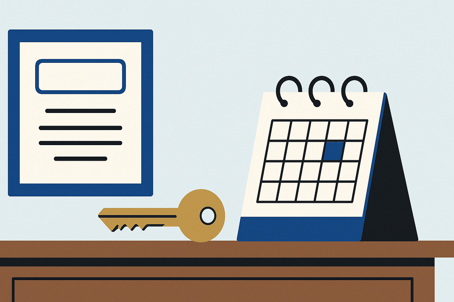 A framed business licence leaning against a wooden counter beside a brass storefront key and an open desk calendar
