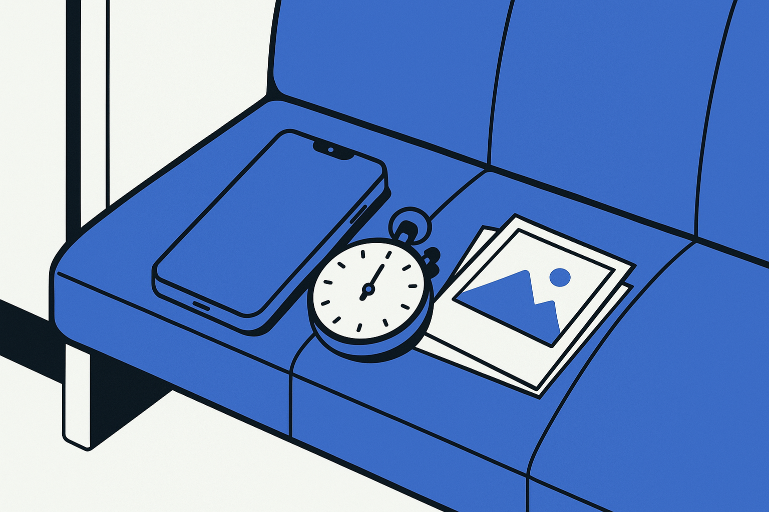 A smartphone lying on a transit seat next to a stopwatch and a pile of printed photos, illustrating page load time on a mobile connection