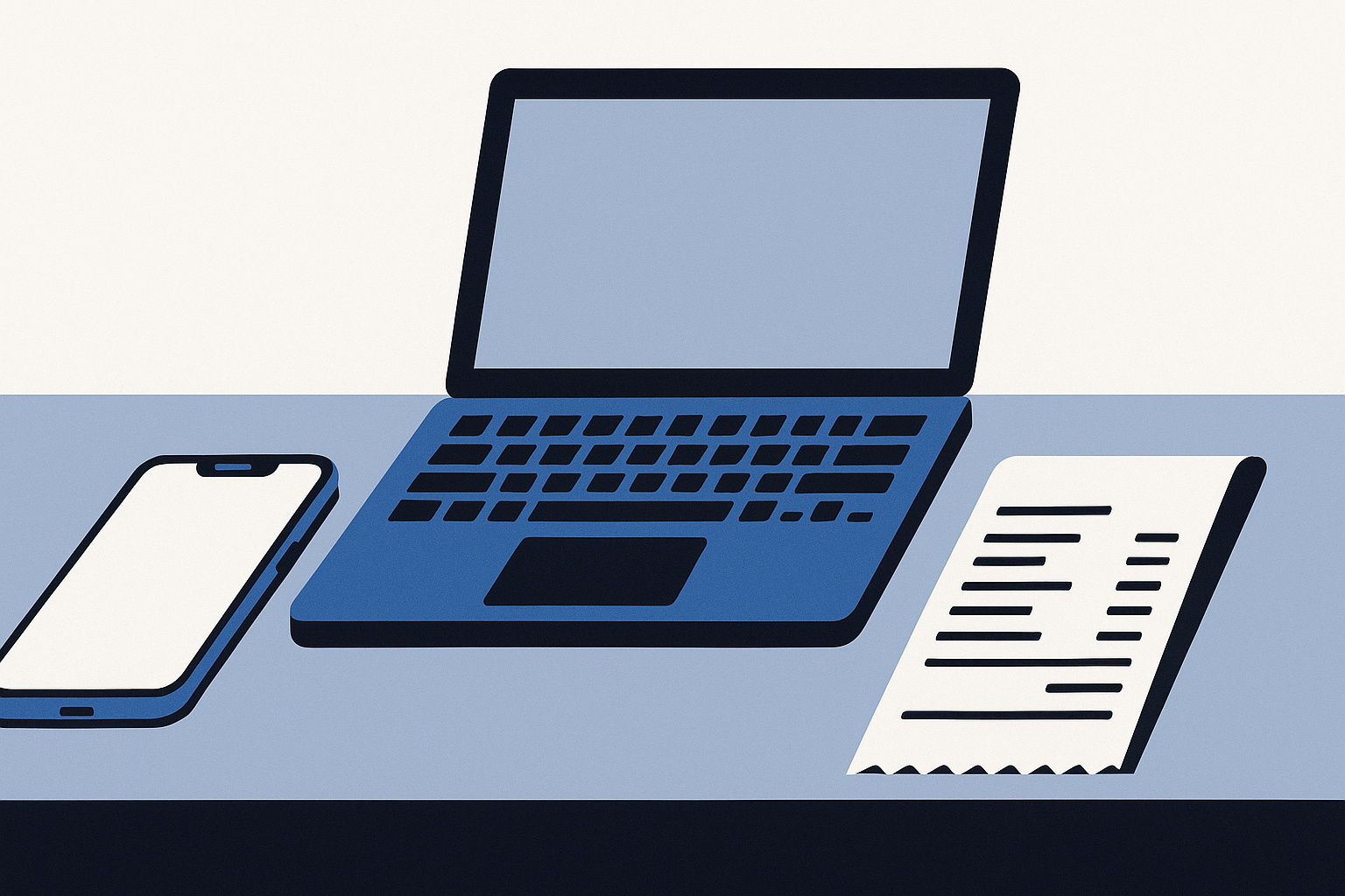 A smartphone lying face-up on a counter next to an open laptop and a printed receipt